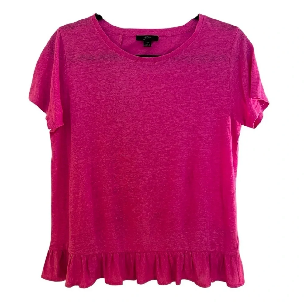 J. Crew 100% linen pink ruffle hem and back short sleeve top XS